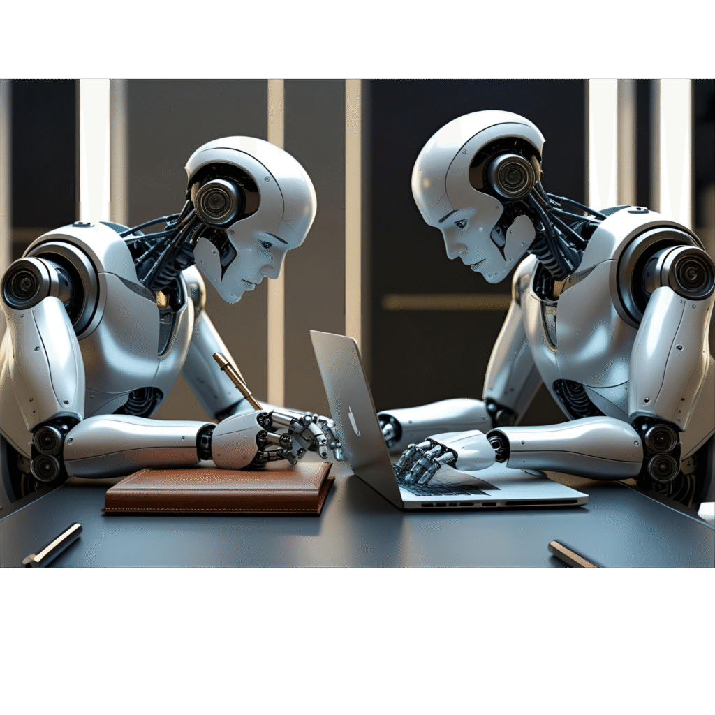 Two AI robots working together at a desk, one using a laptop and the other writing in a notebook â symbolizing human-AI collaboration and futuristic productivity.